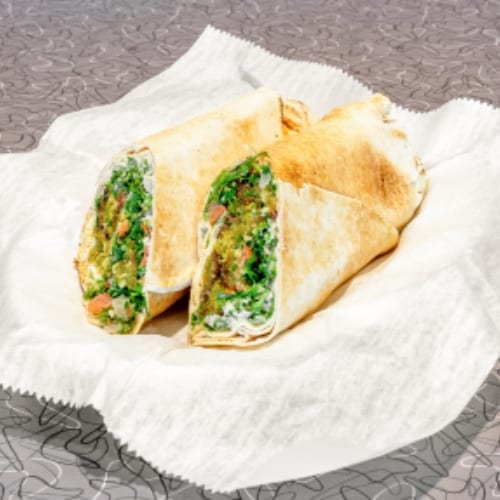 Falafel, Hummus, Tabouli Sandwich.